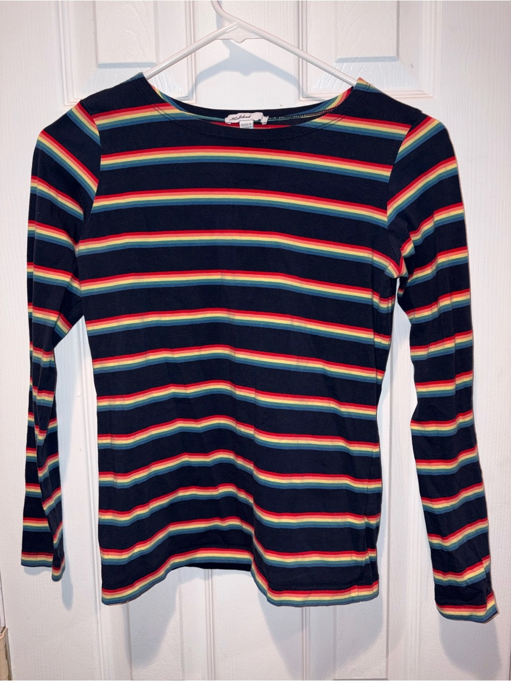 Striped Navy Long-Sleeve Crewneck Tee with Rainbow Accents